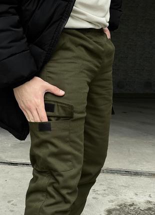 Теплі штани карго на флісі з кишенями хакі4 фото