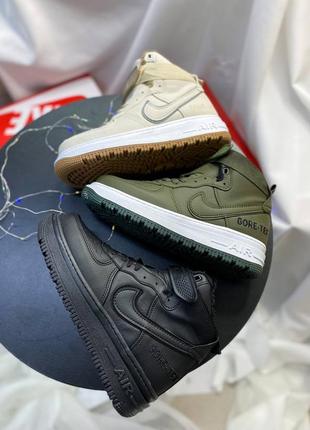 Nike air force 1 gore-tex khaki \white fur, зимові шкіряні черевики, зимние кожаные ботинки