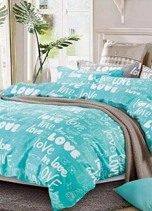 Двоспальний комплект постільної білизни лове написи бірюзовий сірий бязь голд люкс "віталіна"