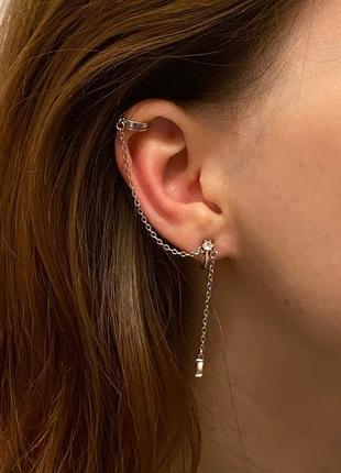 Двойная серьга каффа серебро 925 покрытие сережка обманка без прокола на цепочке