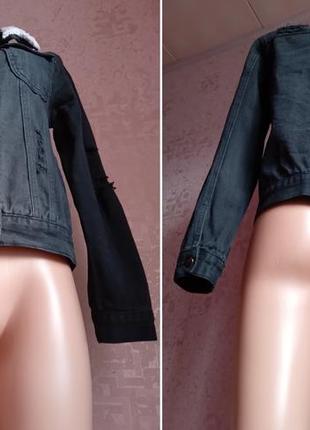 Джинсовый пиджак куртка рванка с меховым воротником4 фото