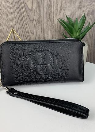 Великий жіночий гаманець клатч шкіряний на 2 відділи шкіра рептилії тиснення чорний
