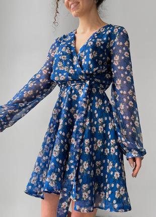 Платье мини синяя в цветы