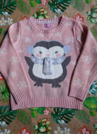 Свитер кофта пингвин светр рожевий f&f 5 6 116 110 снежинка пінгвін1 фото