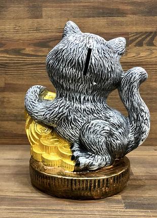 Копилка кот серый с монетами (высота 28 см) керамика символ года