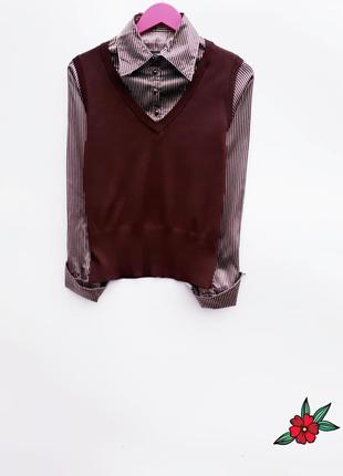 Качественный свитер с имитацией рубашки 2в1 шоколадного цвета s-m