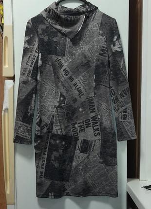 Стильное теплое платье с принтом карманами и воротником на замке 44 размер8 фото