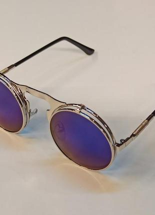 Солнцезащитные очки круглые двойные линзы винтаж стимпанк steampunk на не большое лицо унисекс синие хром7 фото