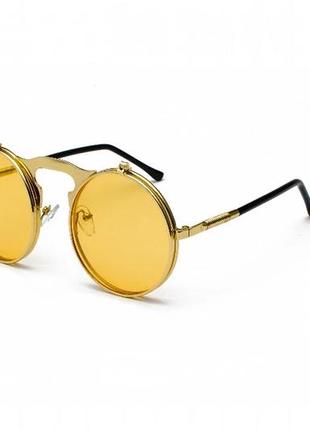 Солнцезащитные очки круглые двойные линзы винтаж стимпанк steampunk на не большое лицо унисекс жёлтые золотые
