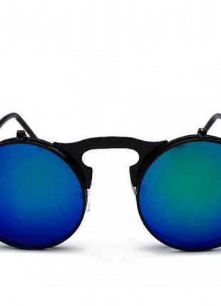Солнцезащитные очки круглые двойные линзы винтаж стимпанк steampunk на не большое лицо унисекс сине зелёные2 фото
