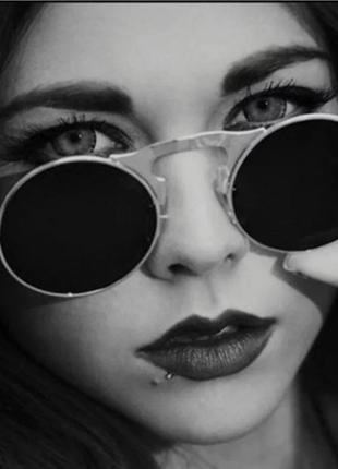 Сонцезахисні окуляри круглі подвійні лінзи вінтаж стімпанк steampunk на не велике обличчя унісекс чорні хром