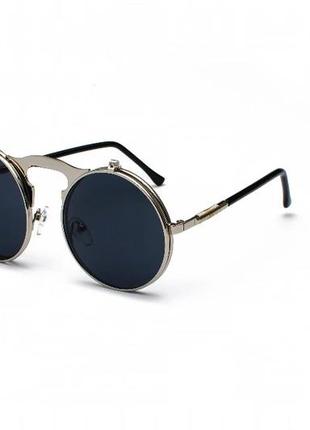 Солнцезащитные очки круглые двойные линзы винтаж стимпанк steampunk на не большое лицо унисекс черные хром5 фото