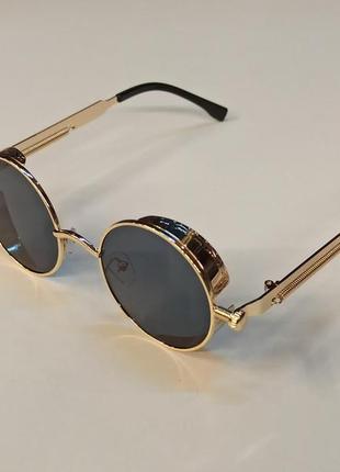 Солнцезащитные очки тишейды с шорами круглые линзы  винтаж готические стимпанк steampunk ретро чёрные золотые3 фото