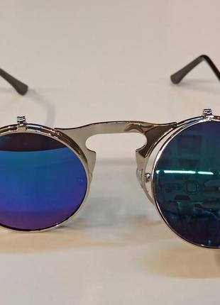Солнцезащитные очки круглые двойные линзы винтаж стимпанк steampunk не большое лицо унисекс сине зелёные хром7 фото