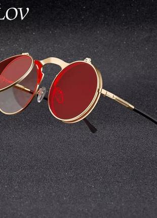 Сонцезахисні окуляри круглі подвійні лінзи вінтаж стімпанк steampunk на не велике обличчя унісекс червоно золоті