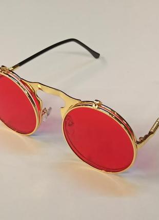 Солнцезащитные очки круглые двойные линзы винтаж стимпанк steampunk на не большое лицо унисекс красно золотые2 фото