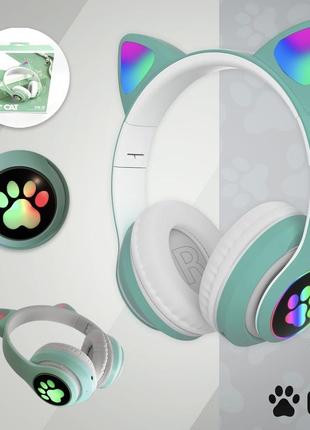 Беспроводные bluetooth наушники с ушками с led подсветкой только розовые, синие и бирюза