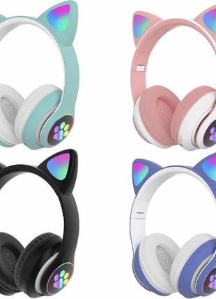 Беспроводные bluetooth наушники с ушками с led подсветкой только розовые, синие и бирюза