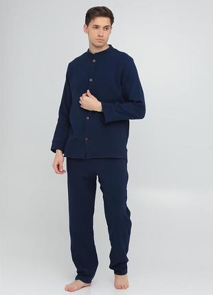 Піжама муслін чоловіча сорочка стойка штани пижама мужская длинный рукав муслин для чоловіка