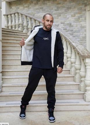 Качественный теплый костюм на флисе с овчиной утеплитель мужской оверсайз спортивный батал большие размеры зима черный хаки темно синий серый графит