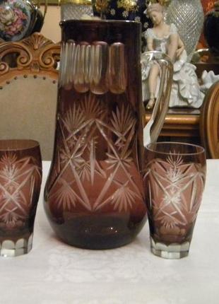 Старинный набор кувшин стаканы цветной хрусталь ссср 1950 годов №ст156