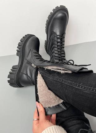 Зимние женские кожаные ботинки берцы на платформе7 фото