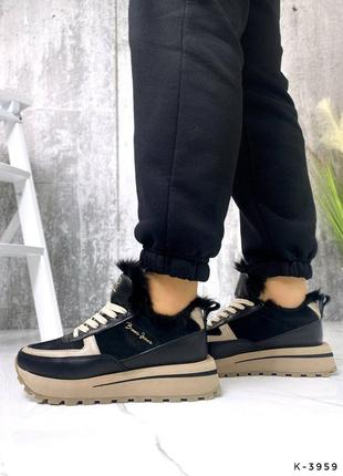 Зимние натуральные кроссовки - broxi, черные, натуральная кожа/замша4 фото