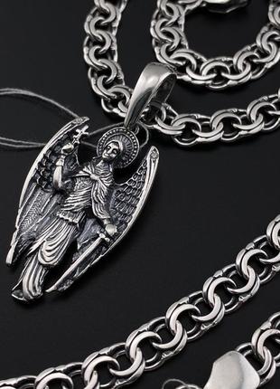 Серебряная цепочка мужская и кулон архангел михаил, цепь на шею и ангел хранитель серебро7 фото