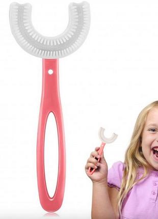 Силіконова u-подібна зубна щітка для дітей u-shaped toothbrush рожева1 фото