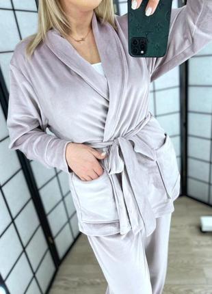 Жіноча піжама тепла велюрова з поясом батал чорна зелена рожева коричнева сіра бірюзова7 фото