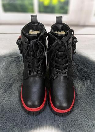 Ботинки зимние детские для девочки черные с красным канарейка3 фото