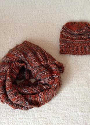 Теплый вязанный комплект: шапка и длинный большой шарф1 фото