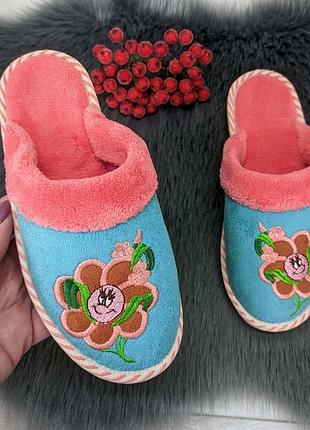 Тапочки дитячі для дівчинки теплі білизна бірюзові з квіткою