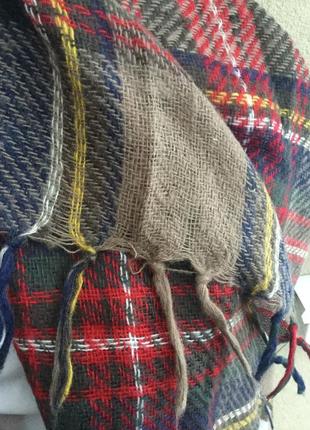Теплий шарф за типом мохеру,палантин,плед в різнокольорову клітку,бахрома4 фото