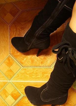 Натуральные замшевые кожаные черные зимние сапоги basconi зима на каблуке2 фото