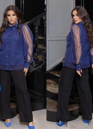 Блуза женская вечерняя нарядная красивая эффектная с рукавами из сетки с напылением больших размеров 48-583 фото