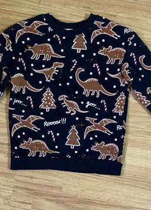 Джемпер свитшот утеплённый новогодний в принт динозавры н&amp;м (швеция)