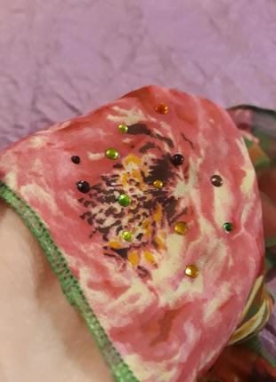 Шарф в цветочек летний тонкий женский зелёный с розовым цветочный принт пионы шелк7 фото