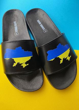 Шлепки мужские кожаные с картой украина / патриотические женские шлепки / шлепанцы кожаные с картой украина