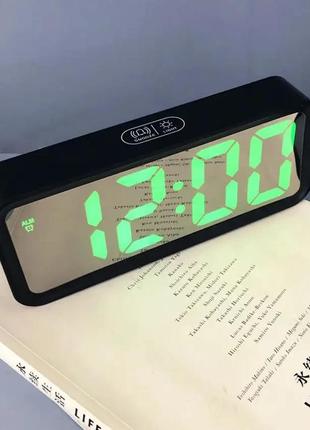 Зеркальные led часы с будильником и термометром dt-6508 black (зеленная подсветка)4 фото