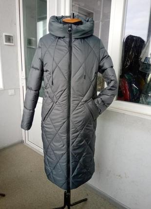 Батальная длинная зимняя женская куртка - пальто с капюшоном 46-56