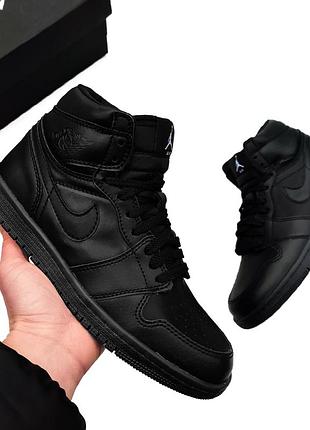 Зимові шкіряні чоловічі кросівки nike air air jordan 1 найк чорні