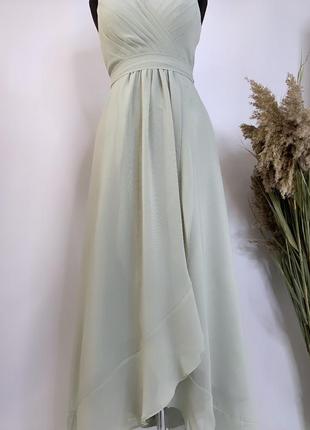 Сукня вечірня міді асиметрична оливкова довга без рукавів5 фото