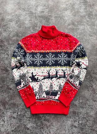Мужской новогодний свитер с оленями и домиками красный с белым с горлом шерстяной
