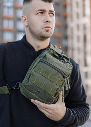 Мужская тактическая сумка-слинг через плечо хаки на много отделений прочная военная мини рюкзак4 фото