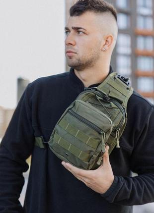 Мужская тактическая сумка-слинг через плечо хаки на много отделений прочная военная мини рюкзак3 фото