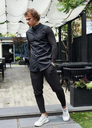 Мужской классический костюм рубашка и брюки в полоску черный молодежный хлопковый3 фото