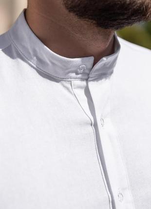 Мужская рубашка льняная белая молодежная приталенная с длинным рукавом8 фото