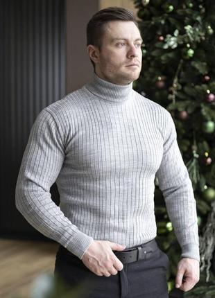 Мужской зимний классический гольф шерстяной серый в полоску | утепленный свитер под горло7 фото