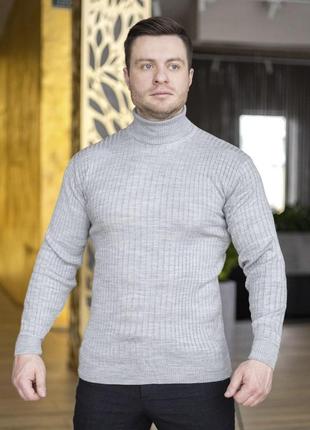 Мужской зимний классический гольф шерстяной серый в полоску | утепленный свитер под горло4 фото